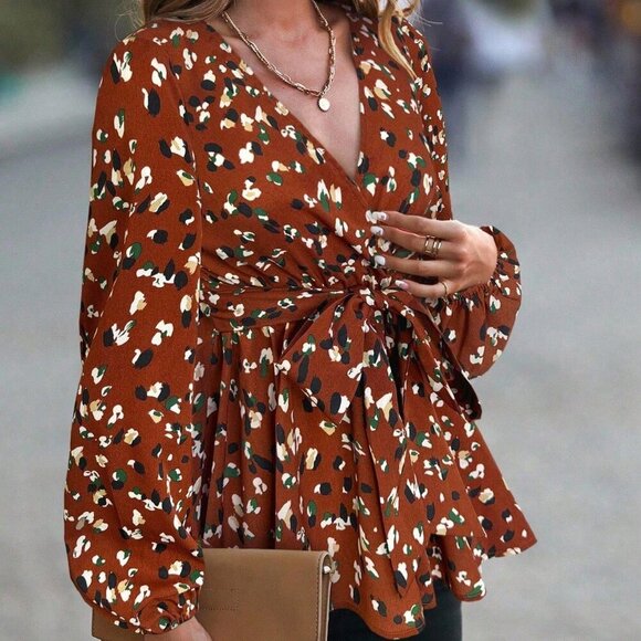 Brown Casual Women's Allover Print Lantern Sleeve Belted Peplum Blouse - Picture 5 of 6